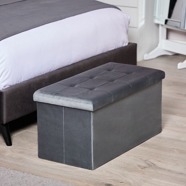 Large Folding Velvet Storage Ottoman - Grey