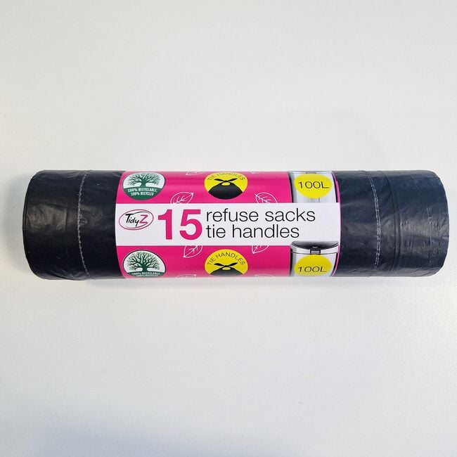 15 Pack 100L Refuse Tie Handle Sacks