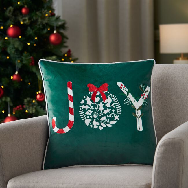 Embroidered Joy Cushion 45cm x 45cm - Green