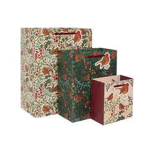 3 Christmas Gift Bags - Green Robin