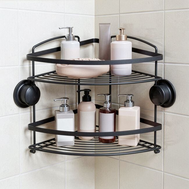 Black 2 Tier Corner Bathroom Caddy with Suction