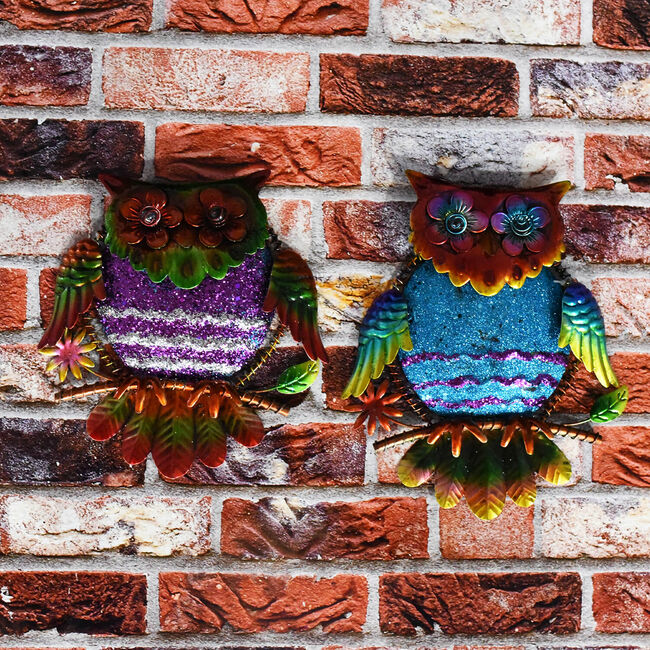 Glitter Owls Garden Wall Art Set Of 2, Garden Wall Plaques Ireland