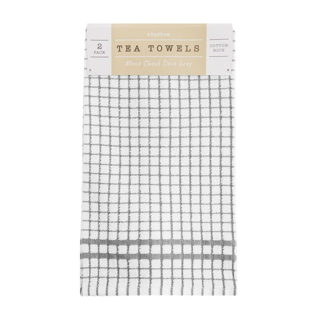 Mono Check Tea Towels 2 Pack - Dove Grey
