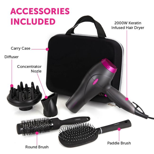 Carmen Neon 2000W Hair Dryer & Brushes Set