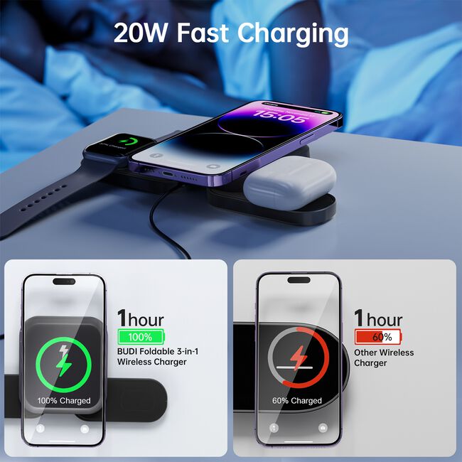 Budi Black 3 in 1 Foldable Wireless Charger 20W
