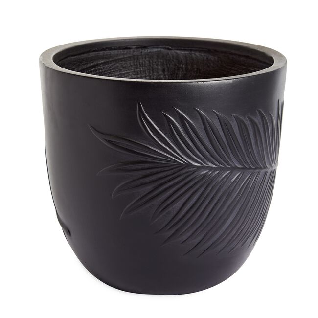 LEAF DESIGN Medium Black Washed Fibre Clay Pot