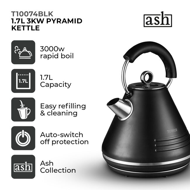 Tower Ash Black 1.7L Pyramid Kettle