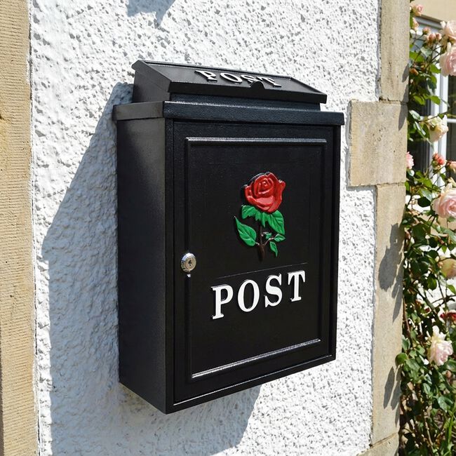 Postplus Rose Diecast Steel Letterbox Black