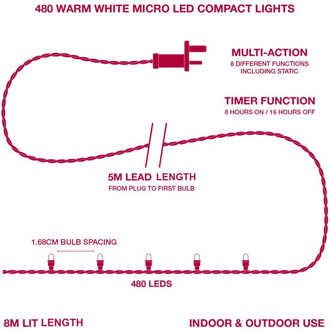 480 Warm White Micro LED Compact Christmas Lights