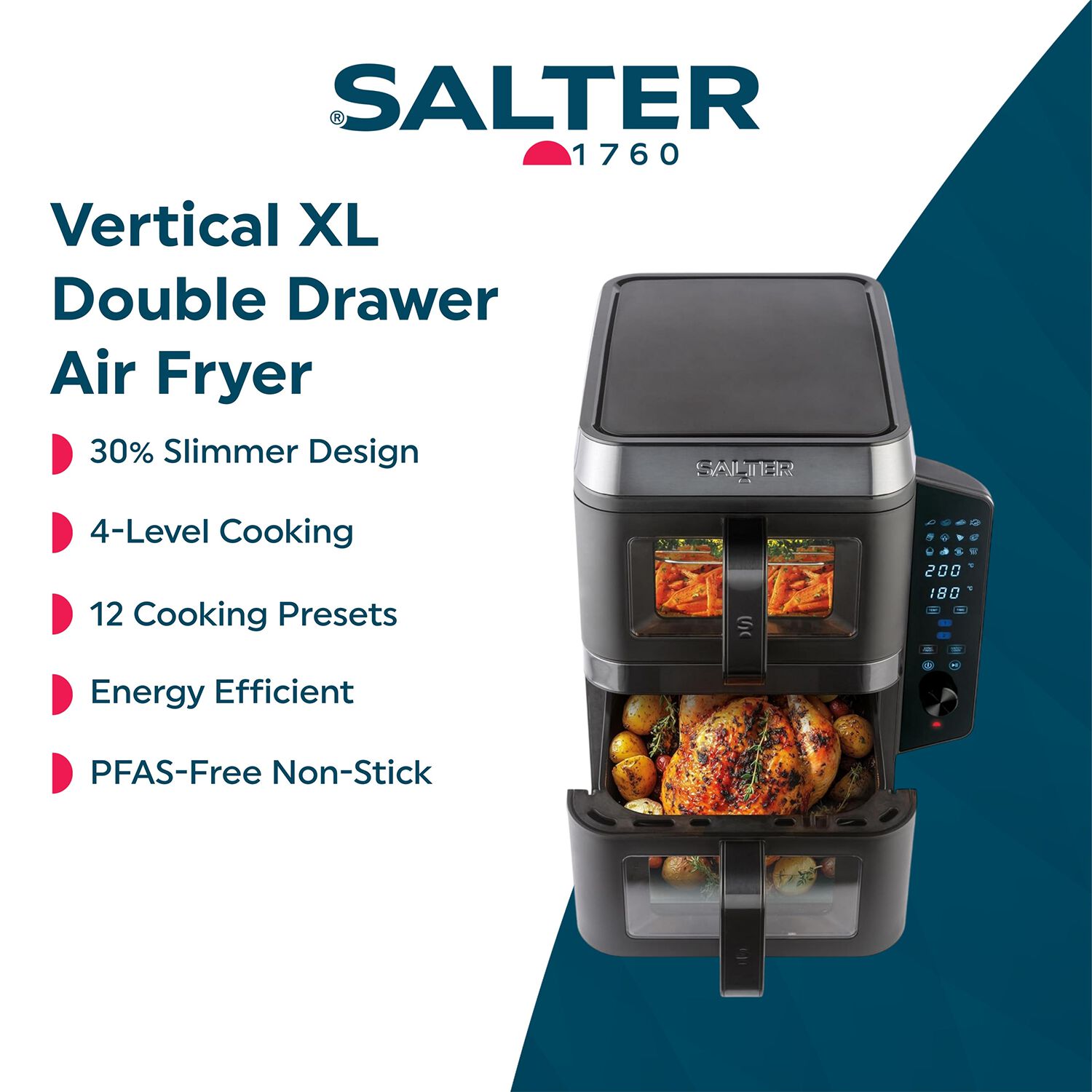 Salter VertiCook Air Fryer Doppel-Schublade, 9L, 12 Funktionen - Vertikales Design, Sparsam, UK Stecker