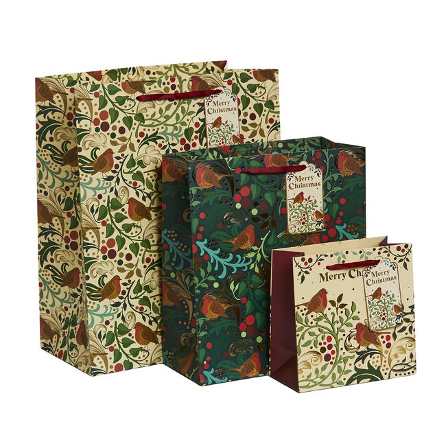 3 Christmas Gift Bags - Green Robin