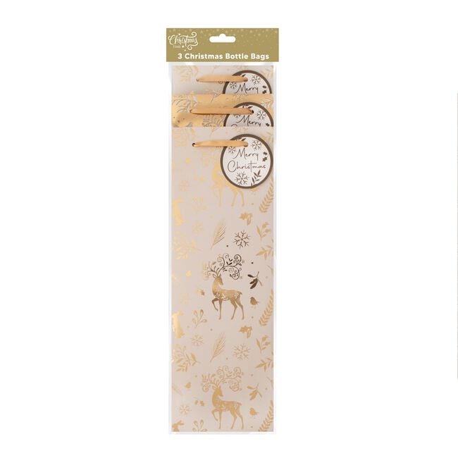 3 Bottle Bags - Gold Reindeers