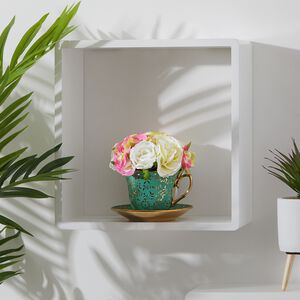 Rose Bouquet in Teal Cup w/ Gold Detail 14cm