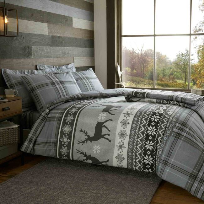 SINGLE DUVET COVER Brushed Cotton Snowflurry Check Stag