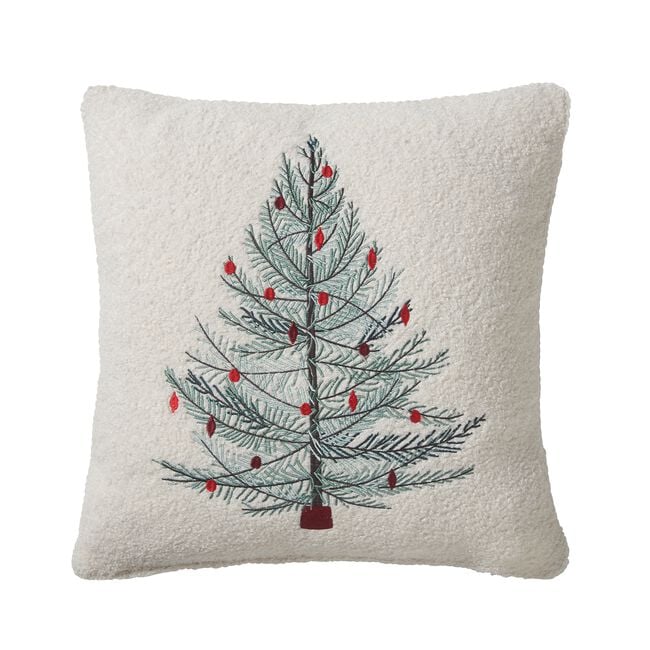 Embroidered Sherpa Tree Cushion - White