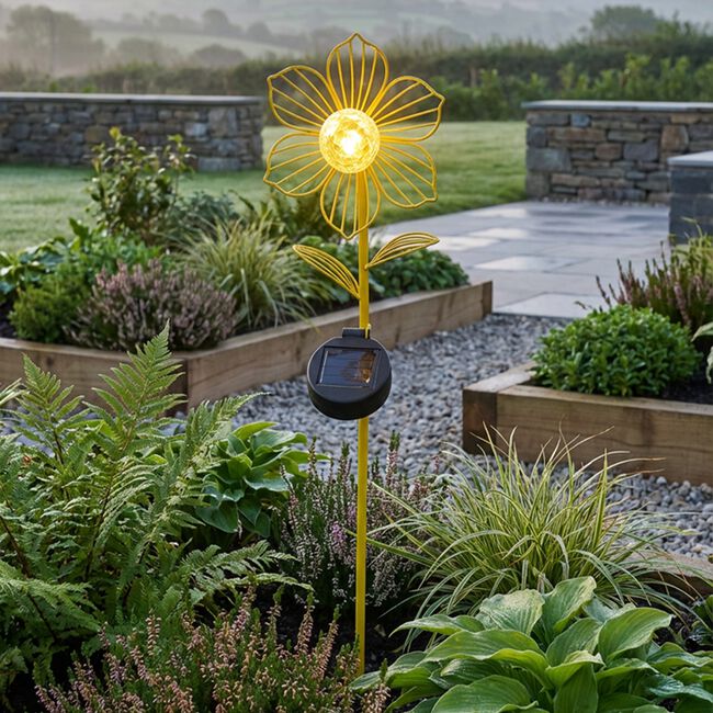 60CM SOLAR METAL FLOWER Garden Stake Yellow