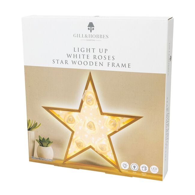 Light Up White Roses Star Wooden Frame