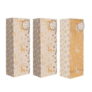 3 Bottle Bags - Gold Reindeers
