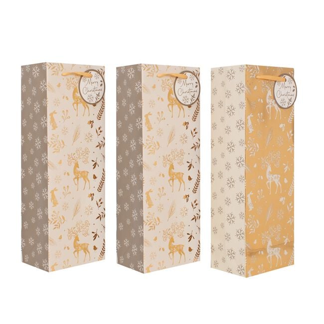 3 Bottle Bags - Gold Reindeers