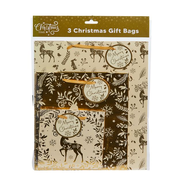 3 Gift Bags - Gold Reindeer
