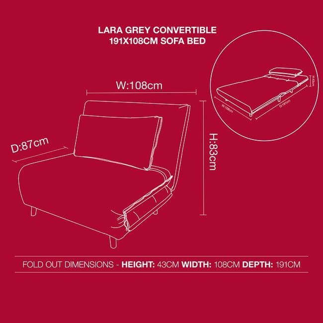Lara Grey Convertible 191x108cm Sofa Bed