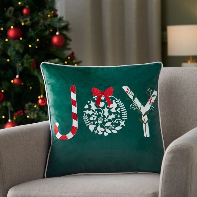 Embroidered Joy Cushion 45cm x 45cm - Green