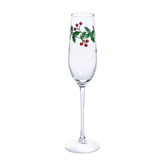 The Jolly Sleigh Holly Leaves Berries Flute Glass