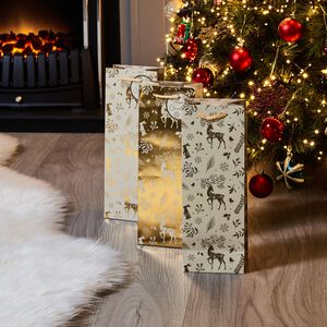 3 Bottle Bags - Gold Reindeers