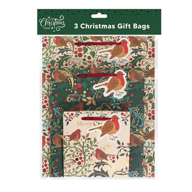 3 Christmas Gift Bags - Green Robin