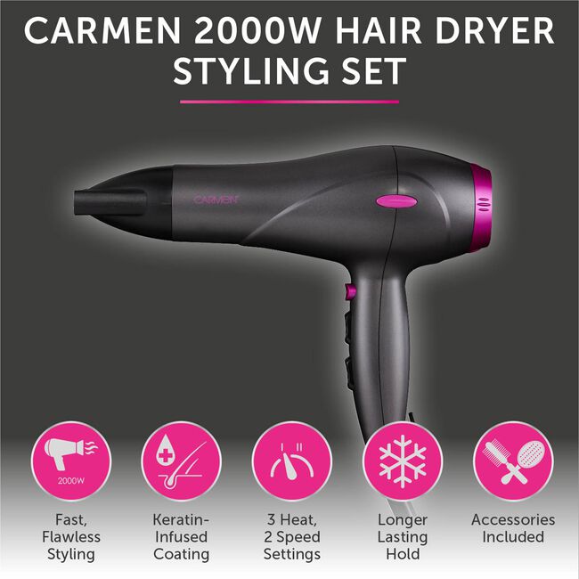 Carmen Neon 2000W Hair Dryer & Brushes Set