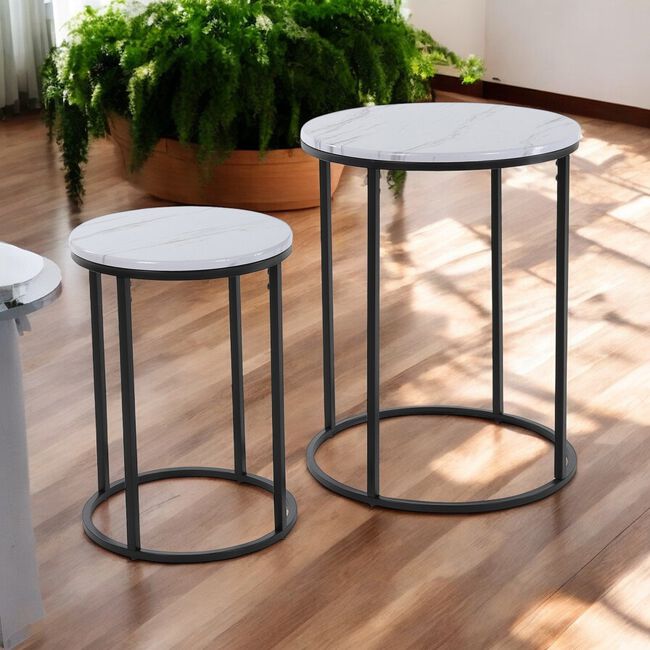 Set of 2 Side Tables Large - Marble Finish White