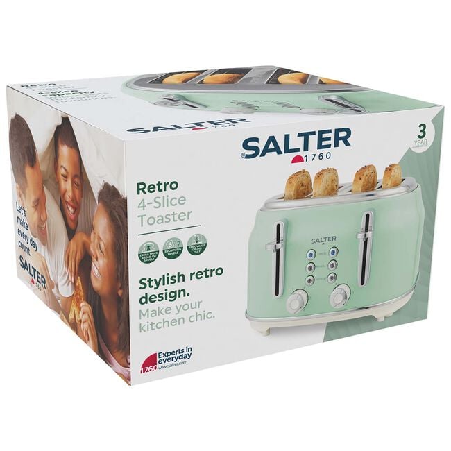SALTER RETRO GREEN CURVED BODY 4 Slice Toaster