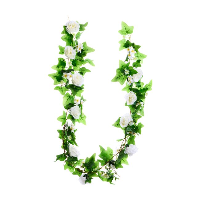 1.8m White Rose With Ivy Leaves Garland