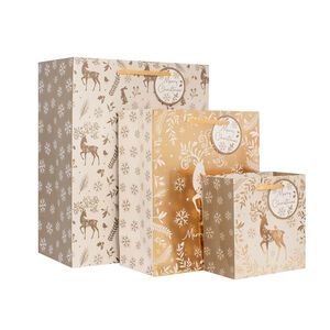 3 Gift Bags - Gold Reindeer