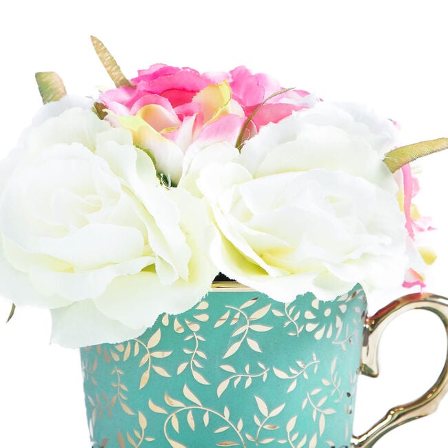 Rose Bouquet in Teal Cup w/ Gold Detail 14cm