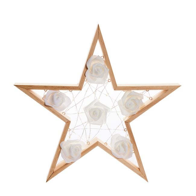 Light Up White Roses Star Wooden Frame
