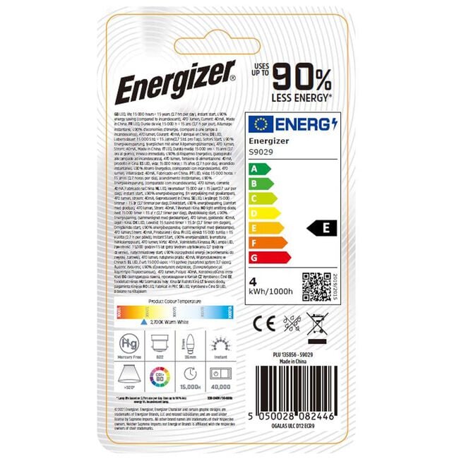 Energizer B22 LED Candle Bulb Clear 4W(40W) 