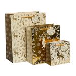 3 Gift Bags - Gold Reindeer
