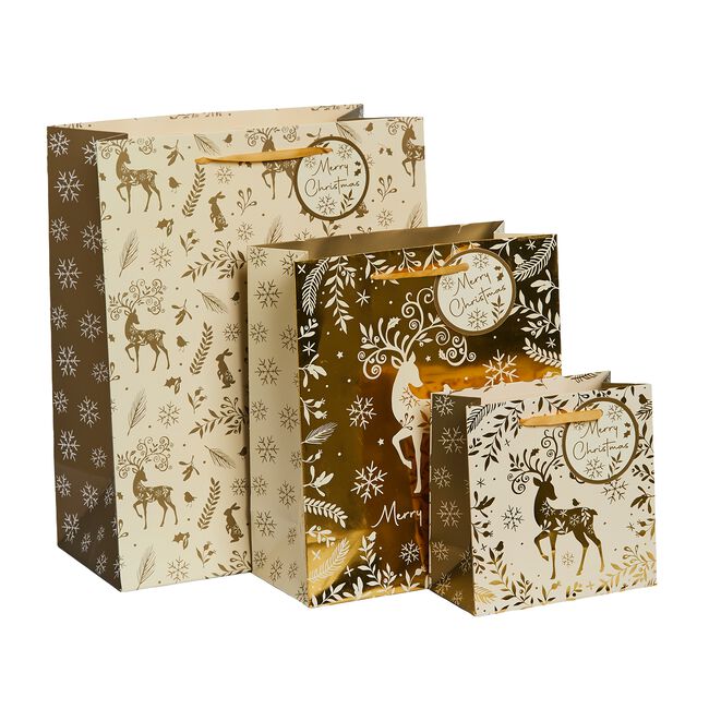 3 Gift Bags - Gold Reindeer