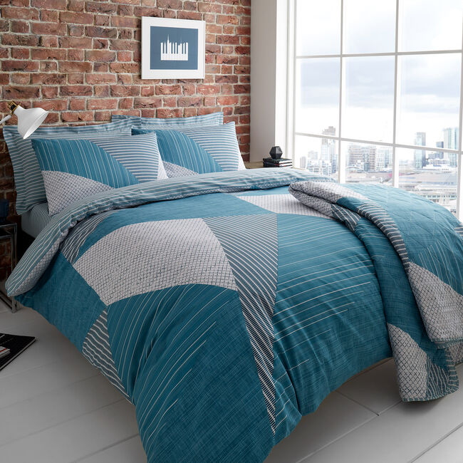 Spliced Geo Teal Bed Linen Home, Teal Linen Duvet Cover King Size