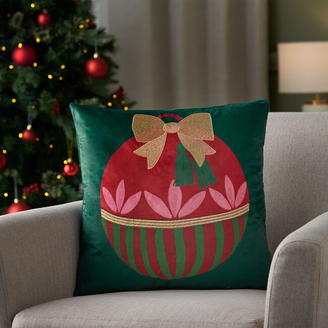 Embroidered Bauble Cushion 45cm x 45cm - Green