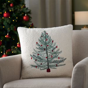 Embroidered Sherpa Tree Cushion - White