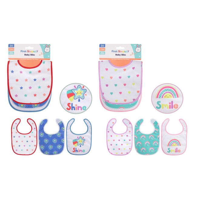 First Steps Baby Bibs - 3 Pack (Assorted Design)