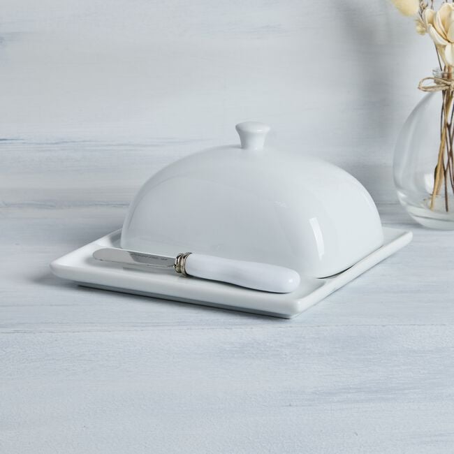 Abney & Croft White Butter Dish with Knife