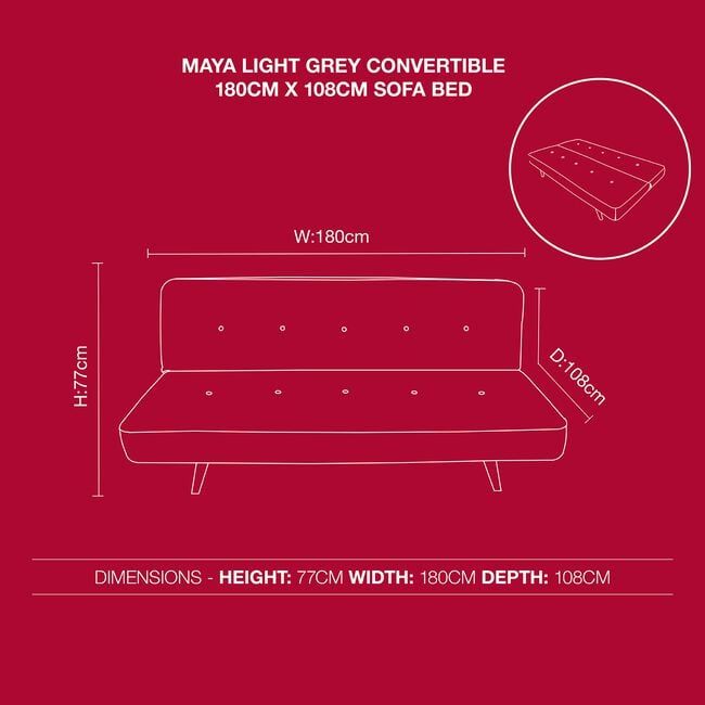 Maya Light Grey Convertible 180cm x 108cm Sofa Bed