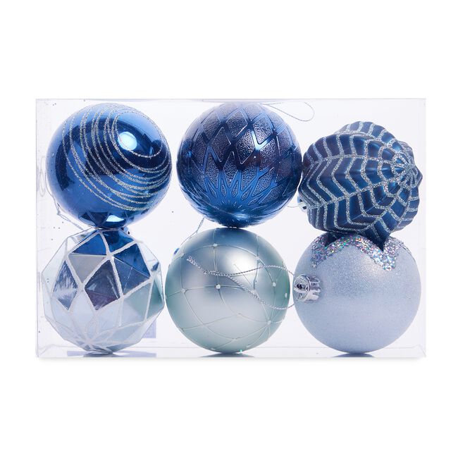 6 Pack Blue Luxury Christmas Bauble Set 