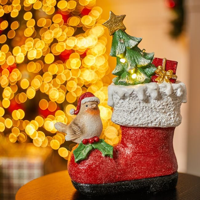 Santa Boot With Robin And Christmas Tree