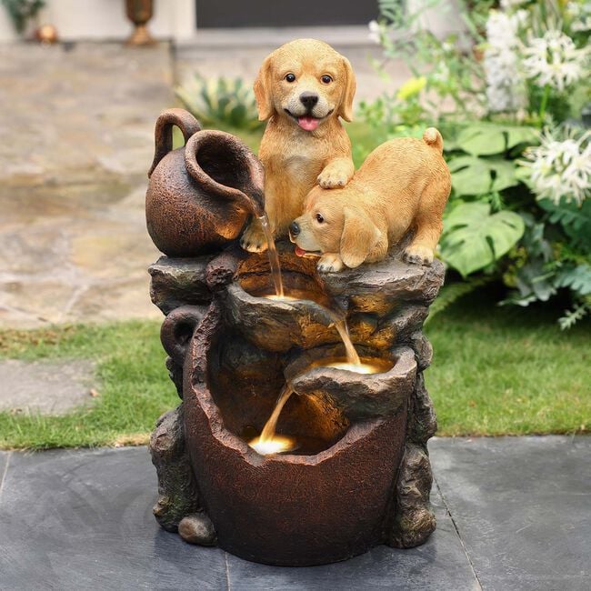 Puppies Playing Garden Water Feature