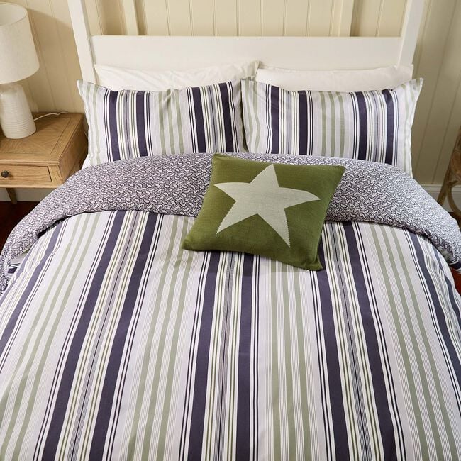 KING SIZE DUVET COVER Beach House Stripe Green / Slate