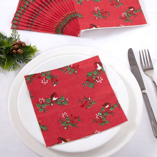 Robin and Poinsettia Napkins - 20 Pack
